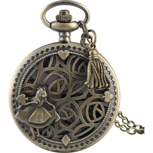 Bronze Lovely Princess Alice In Wonderland Theme Hollow Quartz Pocket Round Dial Pendant Clocks for Girls with Tassel Accessory