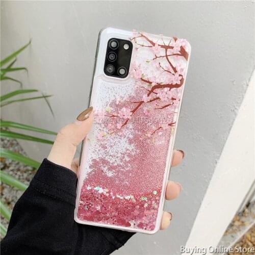 Shiny Glitter Liquid Quicksands Cover For Samsung Galaxy A21S A11 A31 A51 A81 A91 A71 SM- A715F Cases Clear Pink Cherry Blossoms