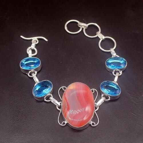 Hermosa Jewelry BotswanaAgate Shiny BlueTopaz Silver Color Charms Chain Links Bracelets for Women 7.25 inch FQ90