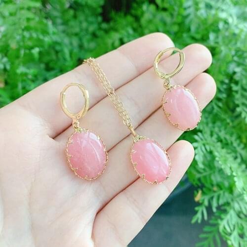 SAY HELLO Natural Stone Pink Spar Dangle Earrings Necklaces Set for Women Fashion Trendy Jewelry Set Wholesale Brinco K6365
