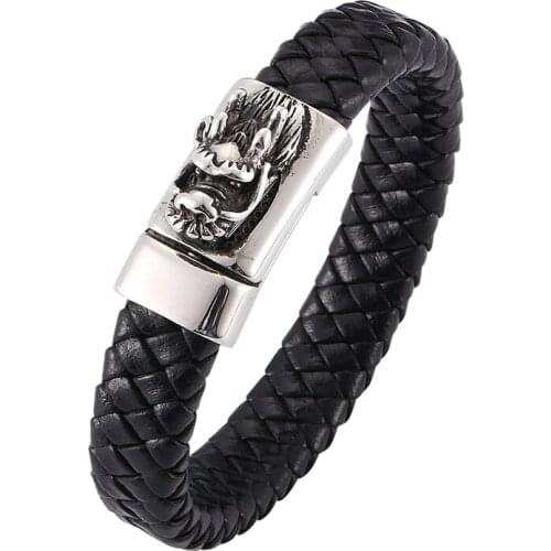 Punk Jewelry Men Black Braided Leather Bracelet Domineering Dragon Pattern Stainless Steel Magnetic Clasp Male Wrist Band SP0260