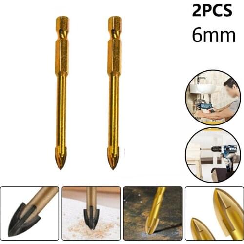 2pcs 6mm Glass Drill Bit Set Titanium Ceramic Tile Marble Glass Drill Bits Spear Head Hex Shank Metalworking Drilling Tools
