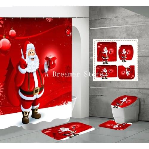 Christmas Printed Shower Curtain Waterproof Carpet Floor Mat Bath Sets Toilet Cover Mat Non-Slip Washroom Rug Set