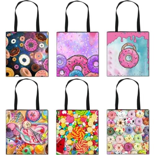 Donuts / Ice Cream / Candy Causal Totes Bag Women Shoulder Bags for Travel Large Capacity Canvas Shopping Bag Ladies Handbags