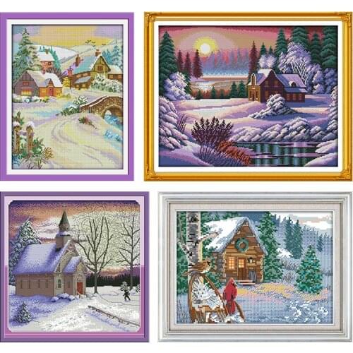Gorgeous Snow-covered Landscape Cross Stitch Embroidery Needlework Kit Stamped 11CT 14CT Print Counted Craft Decor Thread Fabric