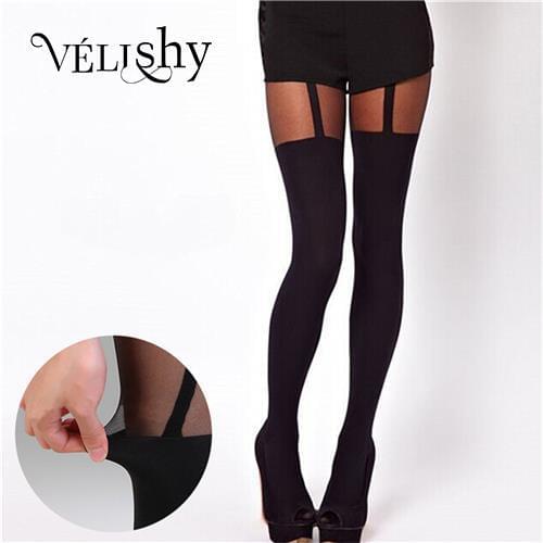 Women Girls Temptation Sheer Tattoo Mock Suspender Velvet Tights Pantyhose Fake Strap Garter Belt Thigh-High Stockings