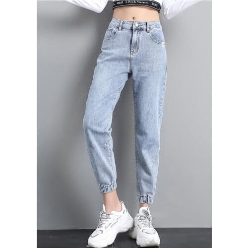 2021 New High waisted jeans women spring loose tight fitting waist leggings feet thin nine points harem pants ins net red trend
