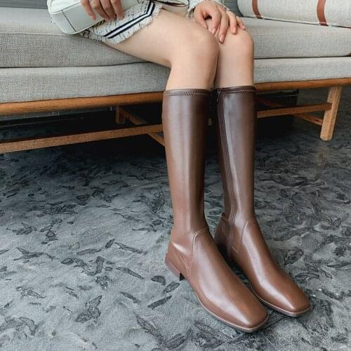 Boots Women Genuine Leather Knee High Boots Night Club Shoes Woman Square Heels Female Long Riding Boots