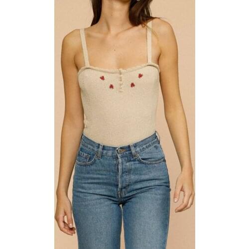 Women Sling Top Knitwear Embroidery Floral Front Buttons Off-shoulder Backless 2021 New Ladies Camisole
