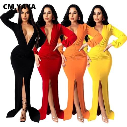 CM.YAYA Women Deep V-neck Ruched High Waist High Split Bodycon Midi Maxi Dress Sexy Club Party Floor Length Long Dresses 2021