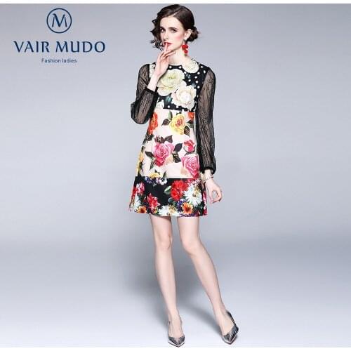 Temperament Fashion Rose Print Stitching Lace Long-Sleeved Waist Dress Women Elegant Fashion Summer Autumn Dress Women Y-230