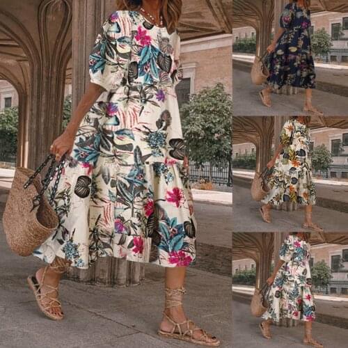 Womens Spring/Autumn Dress Loose O-Neck Half Floral Print Holiday Beach Casual Midi Dresses 2021 New Clothing For Females Robe