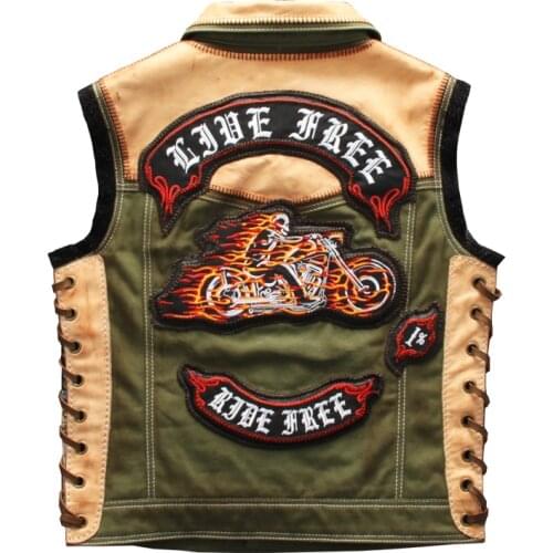 DHL free Mens Green Motorcycle Style Embroidery Vest Genuine Leather Large Size 4XL Real Horsehide Splicing Slim Fit Biker Vest