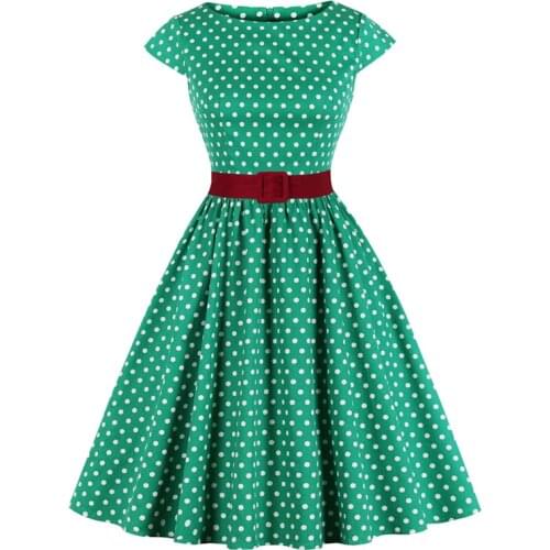 2021 Green Retro Polka Dot 1950s Rockabilly Pleated Belted Dress Cap Sleeve Summer Women High Waist Vintage Tunic Midi Dresses