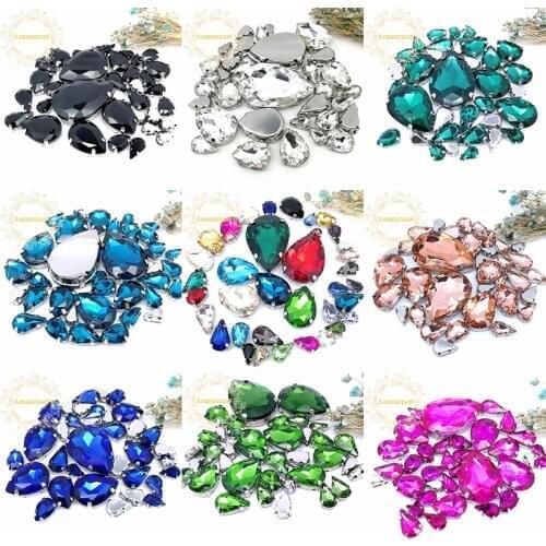30PCS 22 colors Mix drop shape size Glass Crystal sew on rhinestones with silvery claw Diy wedding dress /Clothing accessories