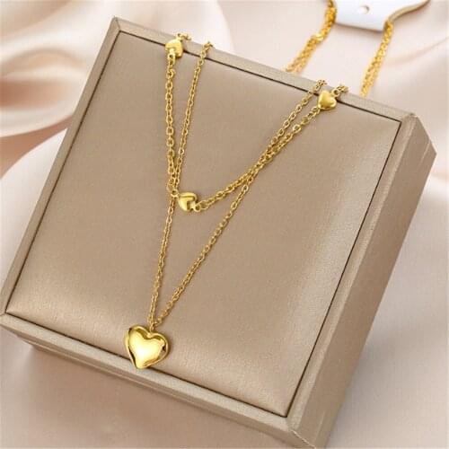 316L Stainless Steel Gold 3D Glossy Heart Necklace Simple Temperament Double Layer Ladies Necklace