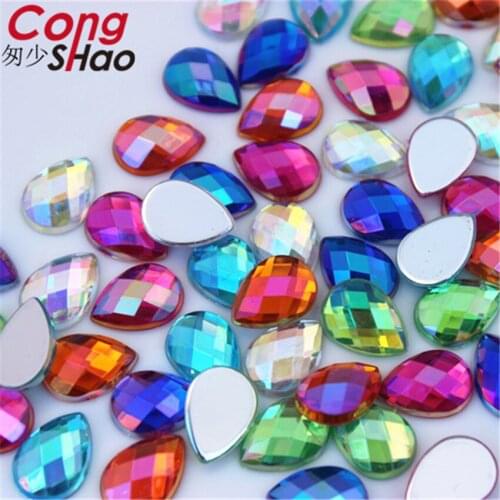 Cong Shao 200PCS 10*14mm AB Colorful Crystals Acrylic Drop Rhinestone Applique Flatback DIY For Clothes Decoration Craft YB189