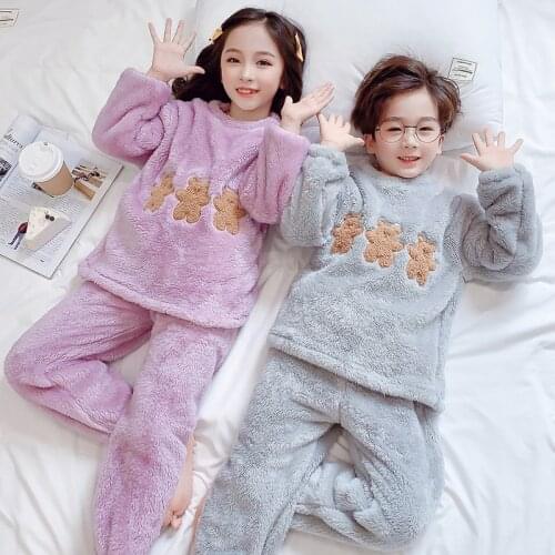 Kids Sleepwear Sets Autumn And Winter Warm Baby Homewear Cartoon Bear Fannel Toddler Boys Girls Pajamas 3-15Y Childrens Clothes