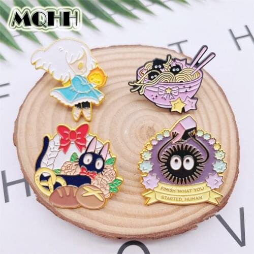 Cartoon Sweet Girl Character Ramen Enamel Pins Black Doll Flower Cat Alloy Brooch Badge Cute Clothes Accessories Jewelry Gifts