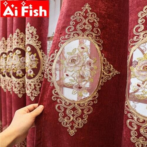 European Burgundy Floral Hollow Embroidery Chenille Bedroom Curtain Fabric Jacquard Sheer Tulle Window Drapes for Living Room #3
