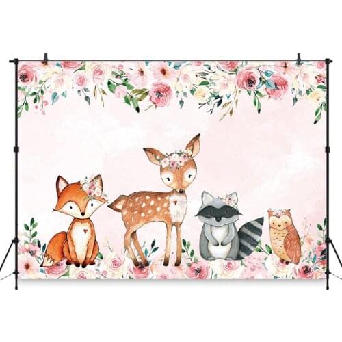 Boho Pink Girl Woodland Animals Backdrop Floral Woodland Safari Baby Shower Birthday Decorations Photo Background