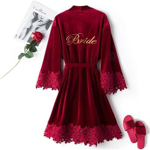 Women Bathrobe Gown Sexy Lace Trim Velvet Homewear Intimate Lingerie Home Clothes Bride Wedding Robe Embroidery Sleepwear