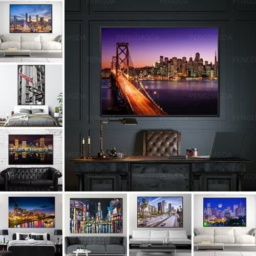 HD Prints Golden Gate Bridge Pictures Home Decor City Build Scenery Canvas Painting Night View Poster For Bedroom Wall Art Frame
