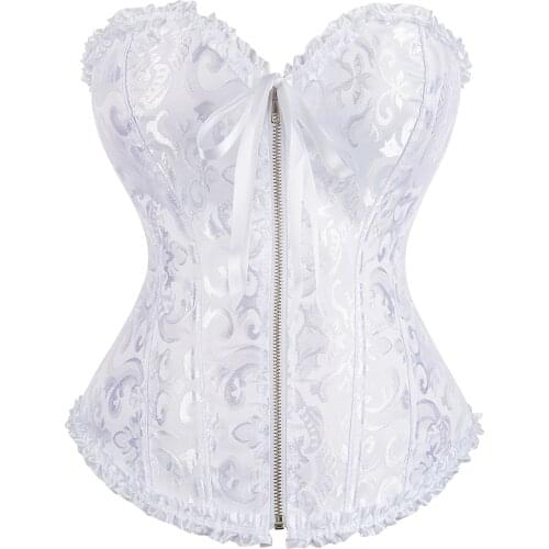 Corsets and bustiers tops sexy women green white black white brocade corset zip vintage style corselet overbust ladies 8107