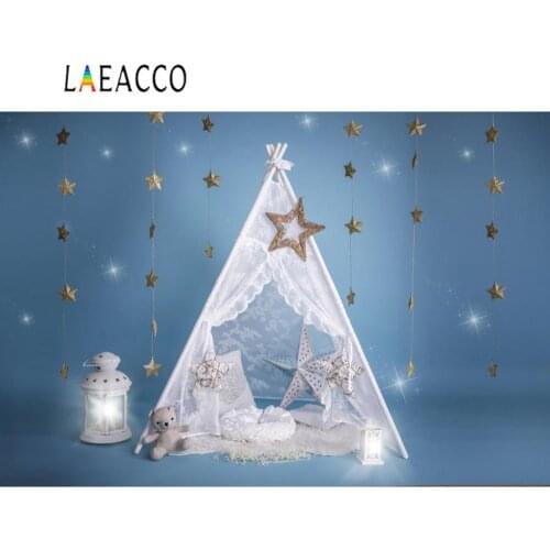 Laeacco Photo Background Tent Wigwam Shiny Gold Star Teddy Bear Lantern Baby Kid Angel Portrait Photography Backdrops Photocall