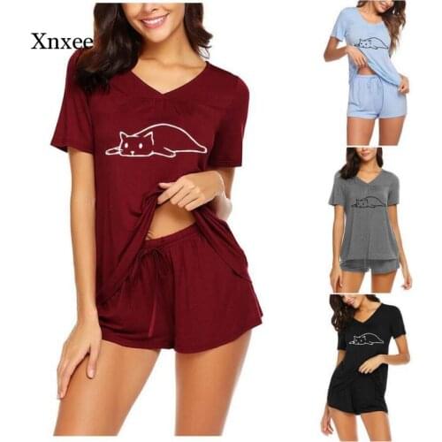 Cat Print Summer Woman Pajama Set Short Sleeve V-Neck Coat Shorts Sleepwear Set Plus Size Home Suit Sleepwear Pyjama Femme Shirt