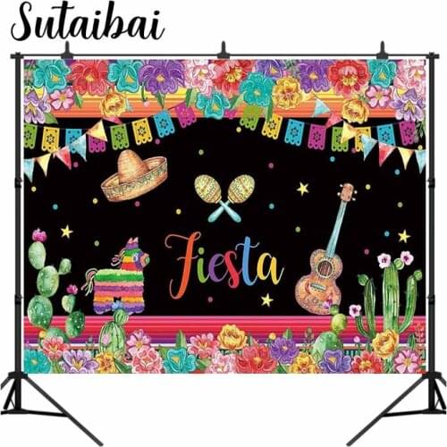 Mexican Fiesta Themed Backdrop for Photography Cinco De Mayo Carnival Festival Birthday Party Decor Colorful Flags Floral Cactus
