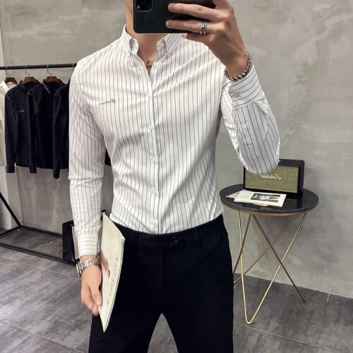 Mens Shirt Striped Long Sleeve Korean Slim Fit Letter Embroidery Printing Casual Coat Business Fashion Hot Sale