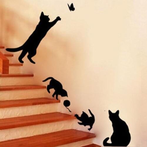 New Arrived Cat play Butterflies Wall Sticker Removable Decoration Decals for Bedroom Kitchen Living Room Walls