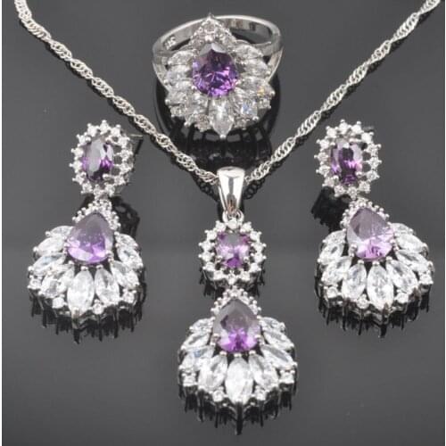 Dazzling Purple Crystal Womens Wedding Silver Color Jewelry Sets Cubic Zirconia Earrings/Pendant/Necklace/Rings QZ0479