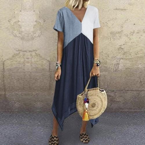 Plus Size 5XL Casual Women Dress Short Sleeve V Neck Geometric Patchwork Irregular Hem Midi Summer Dress Vestidos femme