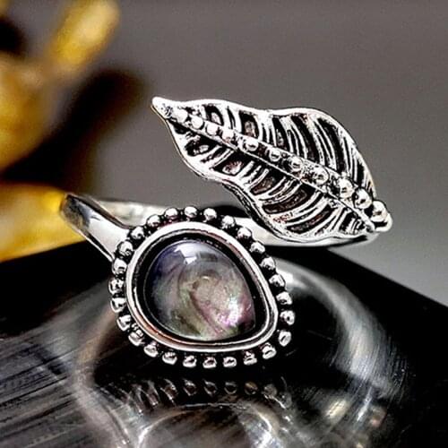 Boho Carved Leaves Water Drop Stone Opening Ring for Women Vintage Silver Color Men Jewelry Creative Leaves Adjustable Ring