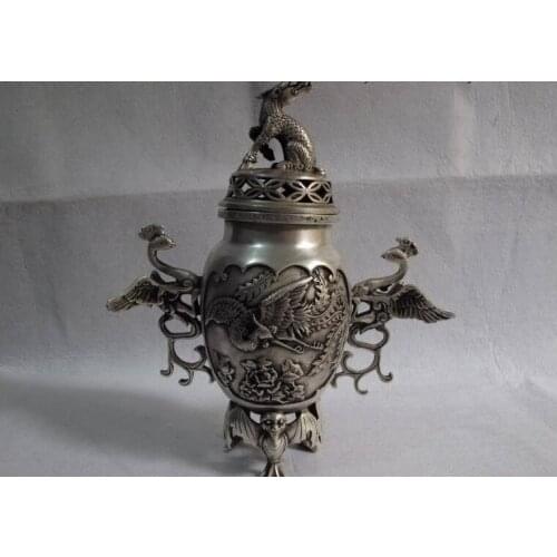 Tibet buddhism bronze silver-gilt kylin rosefinch phenix censer incense burner