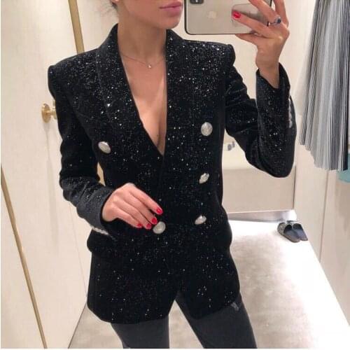 Vintage Shiny Women Suits In Stock Double Breasted Retro Pocket Blazer High Quality Celebrity Catwalk Show Coat 1 Piece