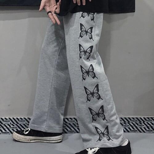 Vintage Butterfly Pants Elastic Waist Pants Women High Waist Plus Size Wide Leg Pants Casual Female Korean Trousers