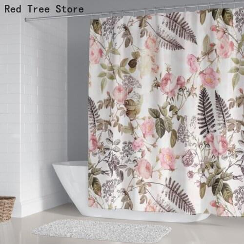 Pink Flower Leaves Printed Shower Curtain Waterproof Bathroom Shower Curtain With Hooks Polyester Fabric Hanging Screen Cover