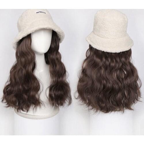 2021 Womens Long Hair Hat Wig One-piece Lambs Wool Bucket Hat Round Face Fashion Quan Tou Tao Woman Bucket Hat Fishing Hats