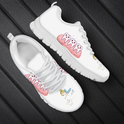 White Nursing Shoes Cute Tooth/Dentist Fairy Pattern Sneaker for Women Breathable Flats Lace Up Walking Shoes Calzado deportivo