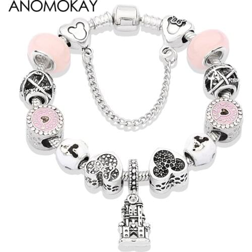 2019 New Antique Silver Plated Castle Heart Minnie Mickey Charm Bracelet Pink Crystal Womens Gilrs Bead Bracelet with Ball