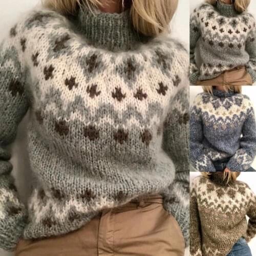 Retro Women Turtleneck Knitted Sweater Jacquard Weave Long Sleeve Jumper Warm Pullover