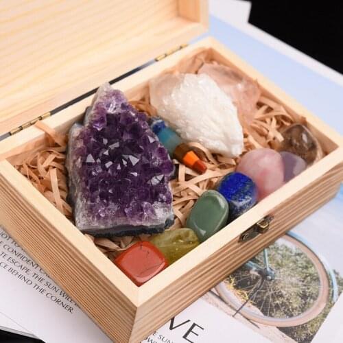 11Pcs Crystals and Healing Stones Kit With Wood Box 7 Raw Chakra Pendulum Amethyst Rose Quartz Natural Gemstones Kit
