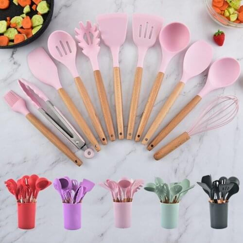 12Pcs/Set Silicone Kitchenware Household Wooden Beech Handle Cooking Utensils Baking Tools Non-stick Spatula Kitchen Accessor