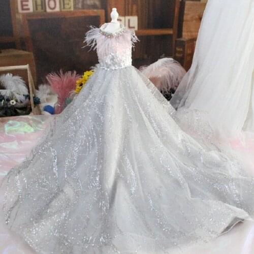 Free Shipping Handmade Dog Clothes Wedding Gown Trailing Princess Dress Feather Pink Grey Sequin Evening Sparkling Skirt Poodle