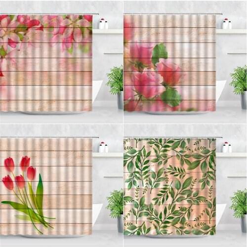 Retro Wood Grain Floral Shower Curtain Pink Rose Tulip Flowers Green Plant Leaves Fabric Bathroom Decor Bath Curtains With Hooks