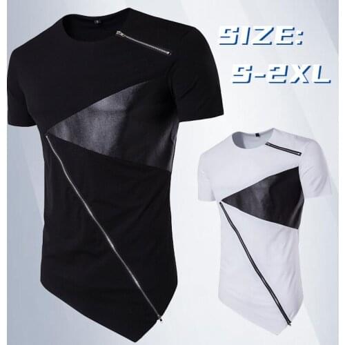 New Fashion Men Personality tailoring Long Patchwork Leather Zipper T-shirt Men Hiphop Short Sleeve Longline Casual Top Tee