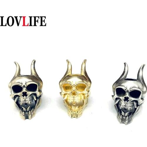 Brass Ram Horn Skull Head Demon Keychain Pendant Accessories DIY Knife Bead Handmade Umbrella Rope Bead Lanyard Hanging EDC Tool